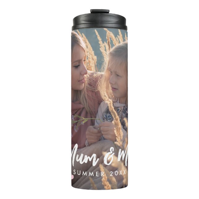 Custom Photo Modern Writing Scattered Pink Hearts Thermal Tumbler (Front)