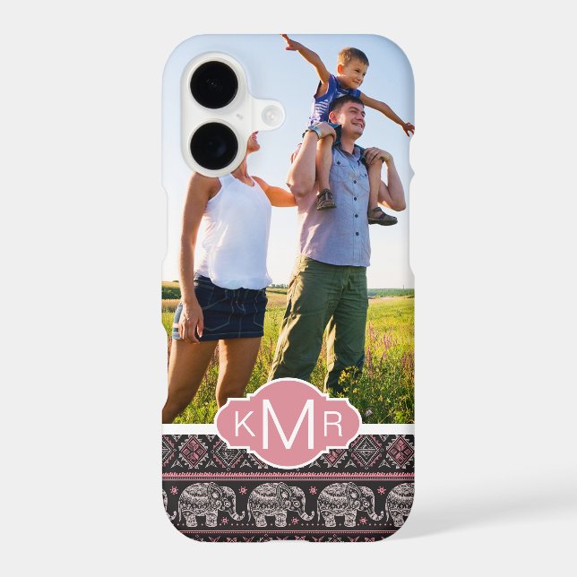 Custom Photo & Monogram Black Elephant Pattern (Back)