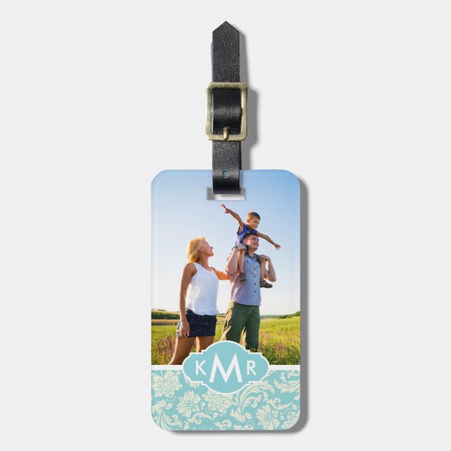Custom Photo & Monogram Damask Pattern 3 Luggage Tag (Front Vertical)