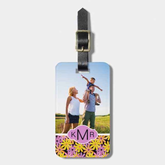 Custom Photo & Monogram Gerbera flowers pattern Luggage Tag (Front Vertical)