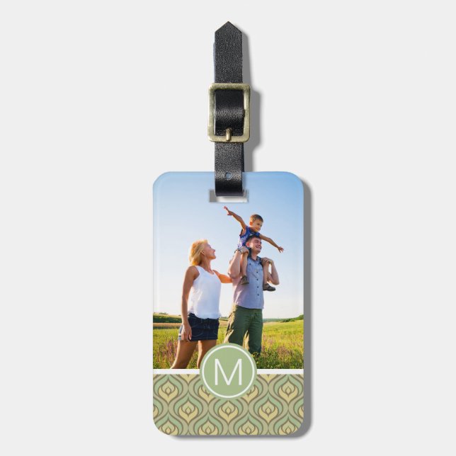 Custom Photo & Monogram green & yellow pattern Luggage Tag (Front Vertical)