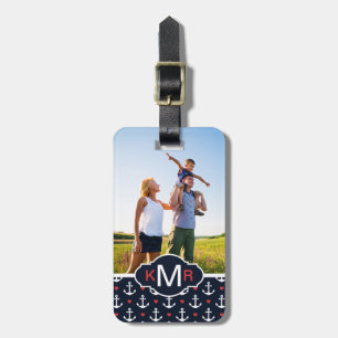 Custom Photo & Monogram Hearts & Anchors Pattern Luggage Tag