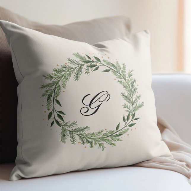 Custom Photo Monogram Pine Wreath Christmas gift Cushion (Creator Uploaded)