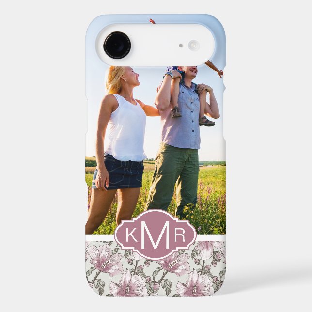 Custom Photo & Monogram Pink Hibiscus Flowers Case-Mate iPhone Case (Back)