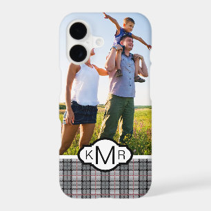 Custom Photo & Monogram Pixel Plaid in Grey & Red