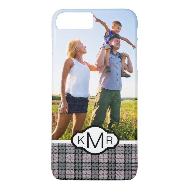 Custom Photo & Monogram Pixel Plaid in Grey & Red Case-Mate iPhone Case (Back)