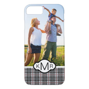 Custom Photo & Monogram Pixel Plaid in Grey & Red iPhone 8/7 Case