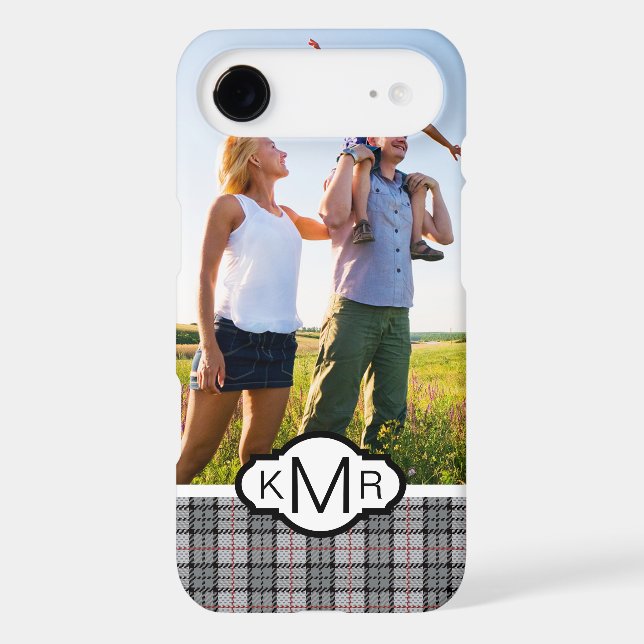Custom Photo & Monogram Pixel Plaid in Grey & Red Case-Mate iPhone Case (Back)