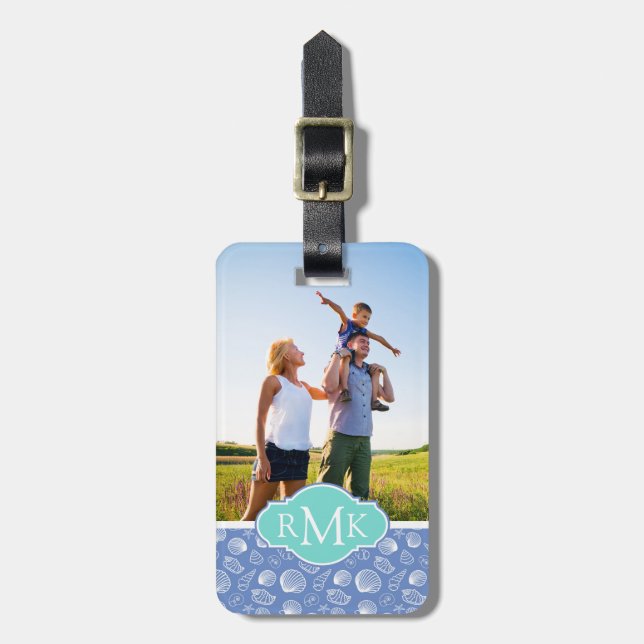 Custom Photo & Monogram Sassy Seashell Pattern Luggage Tag (Front Vertical)