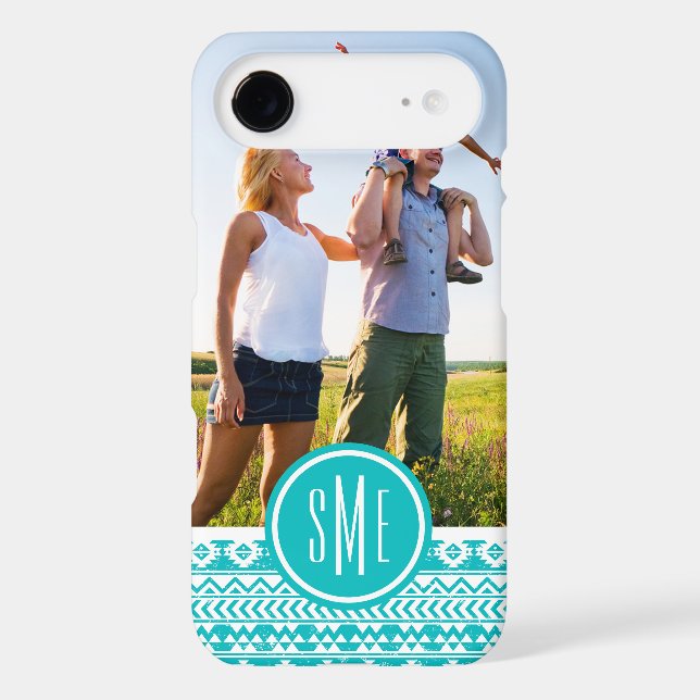 Custom Photo & Monogram Teal Aztec Tribal Pattern Case-Mate iPhone Case (Back)