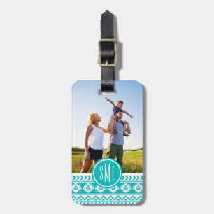 Custom Photo & Monogram Teal Aztec Tribal Pattern Luggage Tag