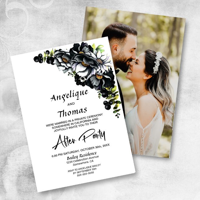 Custom Photo Moody Black Floral Wedding Reception Invitation (Creator Uploaded)