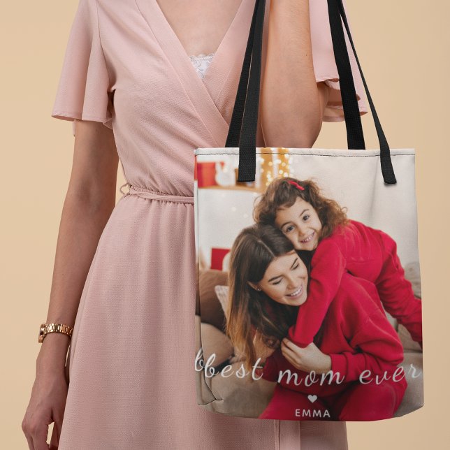 Custom Photo Mother’s Day Best Mom Ever Typography Tote Bag (Creator Uploaded)