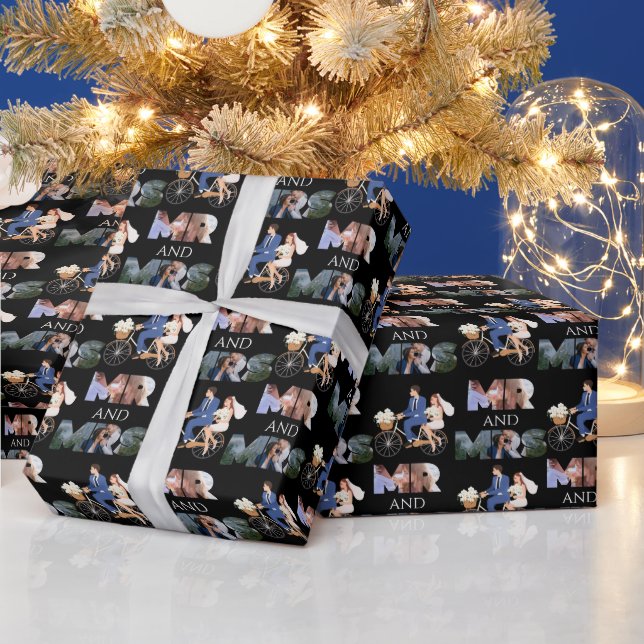 Custom Photo Mr & Mrs Wedding Black Wrapping Paper (Holidays)