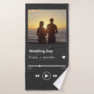 Custom photo music playlist modern couples wedding bath towel