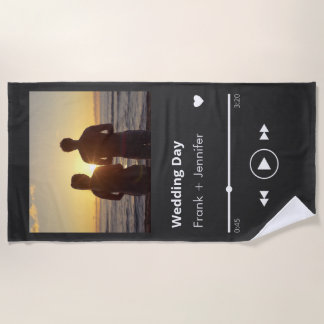 Custom photo music playlist modern couples wedding beach towel