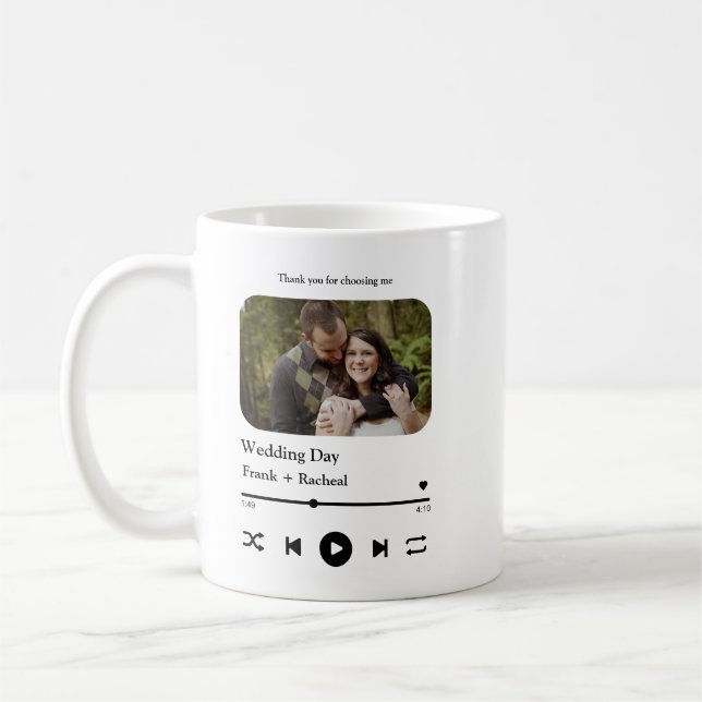 Custom photo music song playlist for couples coffee mug (Left)