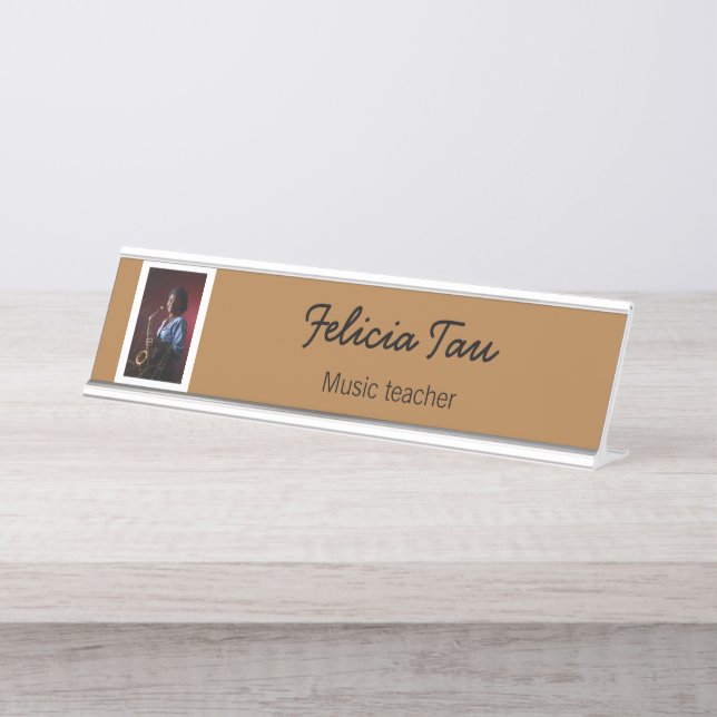 Custom photo musician brown desk name plate (Front)