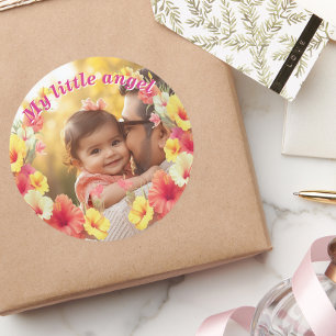 Custom Photo My Little Angel Floral Classic Round Sticker