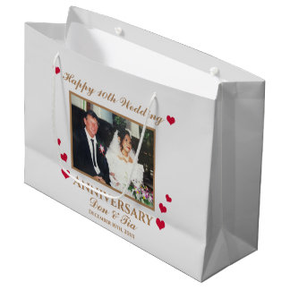 Custom Photo Name 10th Wedding Anniversary Grey Large Gift Bag