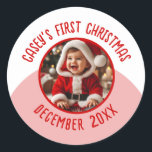 Custom Photo Name add Year Baby's First Christmas  Classic Round Sticker<br><div class="desc">These festive stickers make the perfect party favours or keepsakes for celebrations. Personalise with the baby's photo,  name,  and year. You can also change the colours of the text and background.</div>