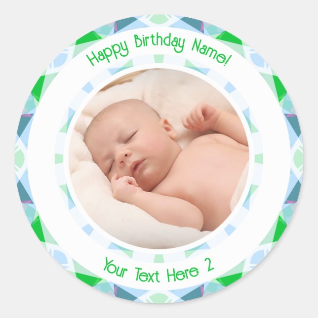 Custom Photo Name Age Blue Green Birthday Star Classic Round Sticker (Front)