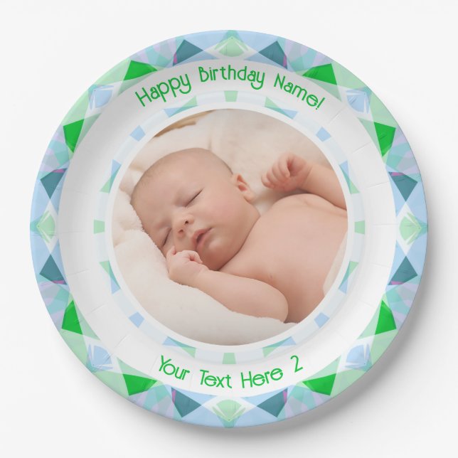 Custom Photo Name Age Blue Green Birthday Star Paper Plate (Front)