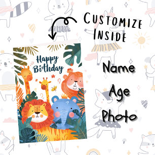 Custom Photo Name Age   Cute Animals Illustration Card