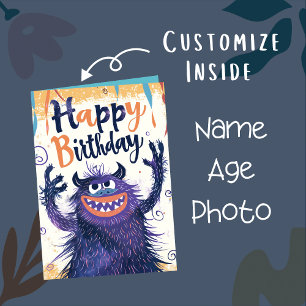 Custom Photo Name Age   Cute Monster Illustration Card