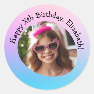 Custom Photo Name & Age Happy Birthday Gradient Classic Round Sticker