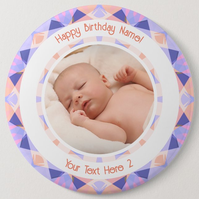 Custom Photo Name Age Pink Purple Birthday Star 6 Cm Round Badge (Front)