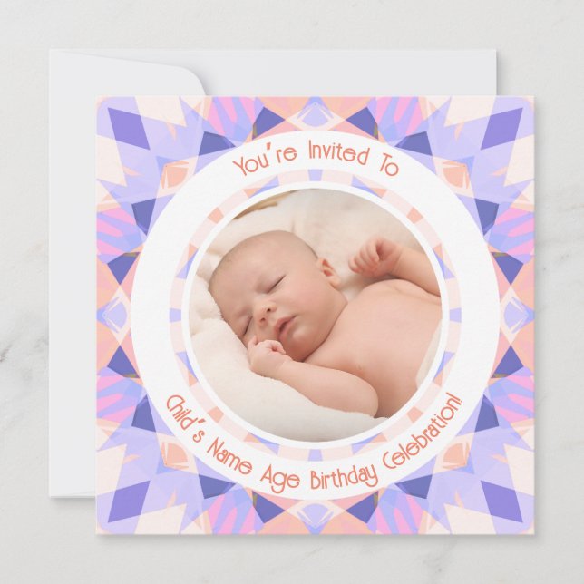 Custom Photo Name Age Pink Purple Birthday Star Invitation (Front)