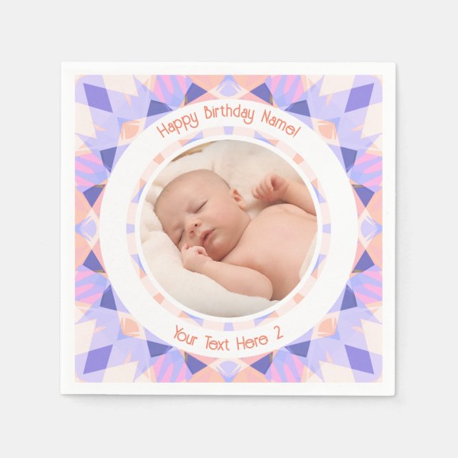 Custom Photo Name Age Pink Purple Birthday Star Napkin (Front)