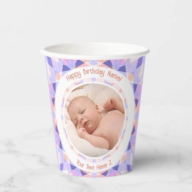 Custom Photo Name Age Pink Purple Birthday Star Paper Cups (Front)
