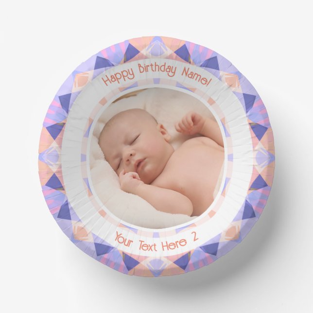 Custom Photo Name Age Pink Purple Birthday Star Paper Plate (Front)