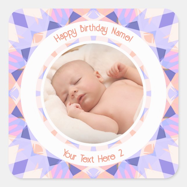Custom Photo Name Age Pink Purple Birthday Star Square Sticker (Front)