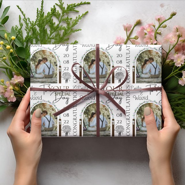 Custom Photo Name And Date Stylish Floral Wedding Wrapping Paper (Creator Uploaded)