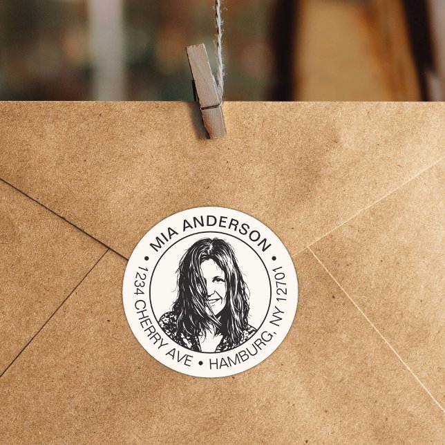 Custom Photo, Name and Return Address  Classic Round Sticker (Creator Uploaded)
