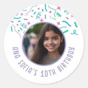 Custom Photo Name Any Age Confetti Birthday  Classic Round Sticker