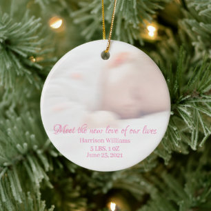 Custom photo name Baby Birth Announcement Holiday Ceramic Ornament