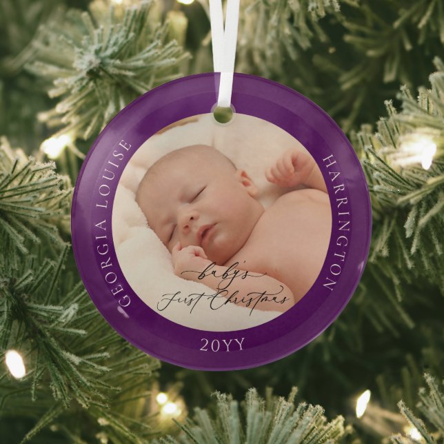 Custom Photo Name Baby's First Purple Christmas Glass Tree Decoration (Insitu)