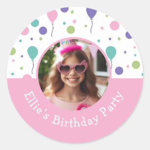 Custom Photo Name Balloon Confetti Birthday Party Classic Round Sticker