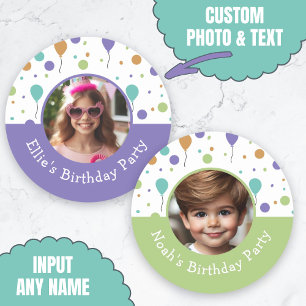 Custom Photo Name Balloon Confetti Birthday Party Classic Round Sticker
