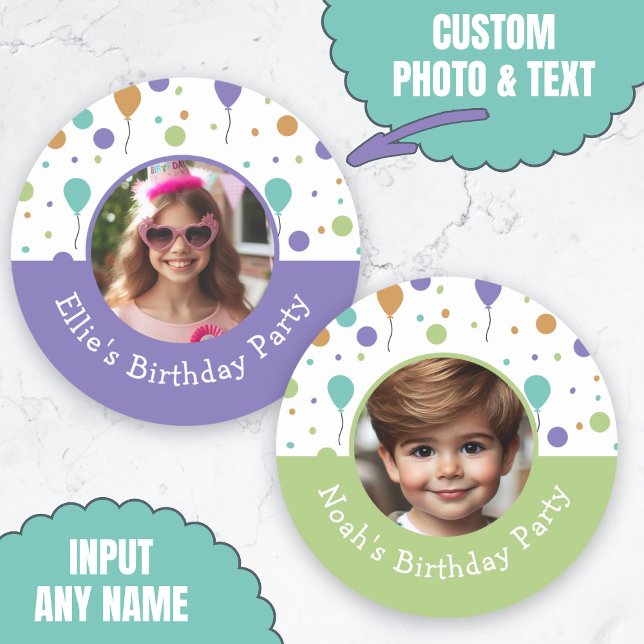Custom Photo Name Balloon Confetti Birthday Party Classic Round Sticker (Custom Photo Name Balloon Confetti Birthday Party Classic Round Sticker.)