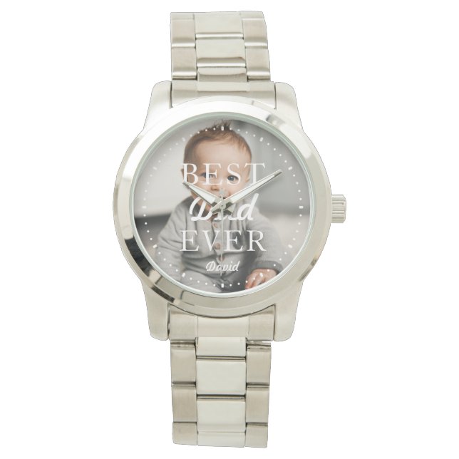 Custom Photo Name Best Dad Ever Silver Watch (Front)