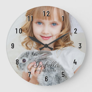 Custom Photo Name Birth Date Black Numbers Large Clock
