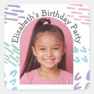 Custom Photo Name Birthday Party Arch Doodles Square Sticker