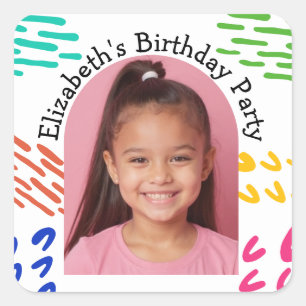Custom Photo Name Birthday Party Arch Doodles Square Sticker