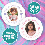 Custom Photo Name Birthday Thank You Favours Classic Round Sticker<br><div class="desc">These festive stickers make the perfect party favours or thank you expressions for celebrating birthdays. Personalise with the birthday kid's photo and name. You can also change the colours of the text and the background.</div>