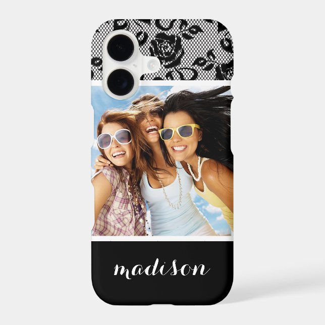 Custom Photo & Name Black lace pattern (Back)